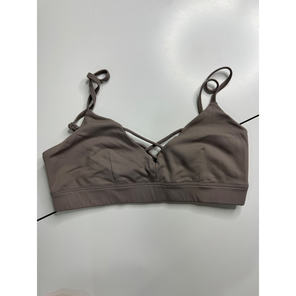 Alo Yoga Interlace Sports Bra Taupe Brown Strappy Back V-Neck Small